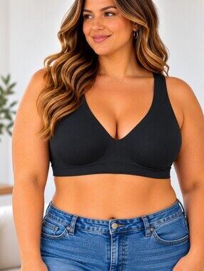 True & Co. Wireless V-Neck Bra in Black, Size 2X  Shapewear Plus No Wire